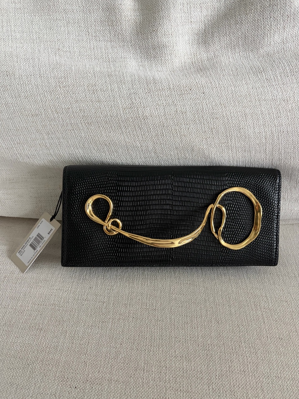 NWT Alexis Bittar Clutch | Black Lizard-Embossed Purse with Gold Metal Twist - Picture 3 of 17
